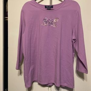 Denim&Co XL 3/4 sleeve purple blouse w flower embroidery detail on front